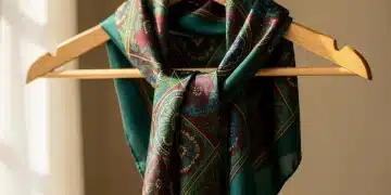 Meticulously preserved vintage silk scarf on wooden hanger