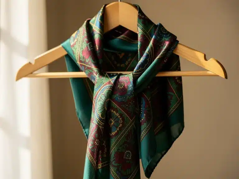 Meticulously preserved vintage silk scarf on wooden hanger