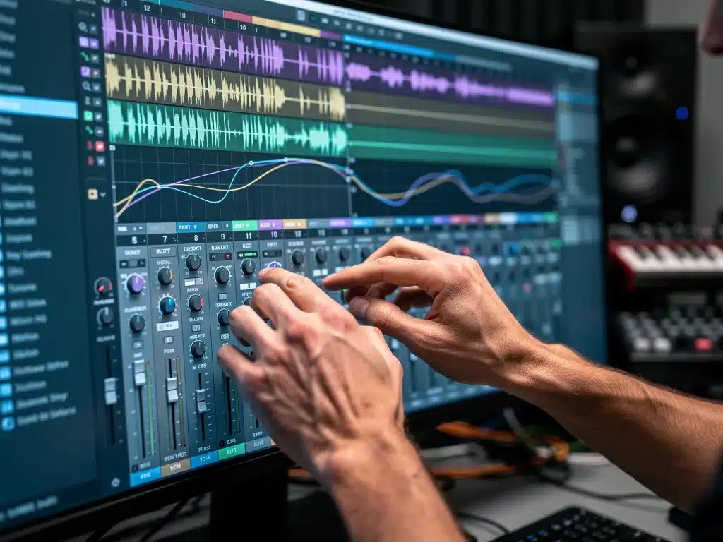 Producer's hands fine-tuning audio in a DAW