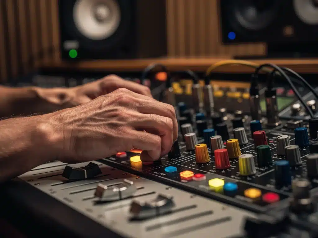 Producer's hands adjusting analog synthesizer controls