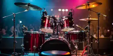 Professional drum kit with enhanced cymbals and modern hardware on a brightly lit stage, ready for a performance.