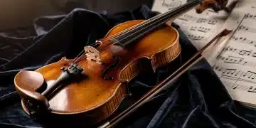 Close-up of a professional violin, showcasing its fine craftsmanship and elegant design, ready for a musician to play.