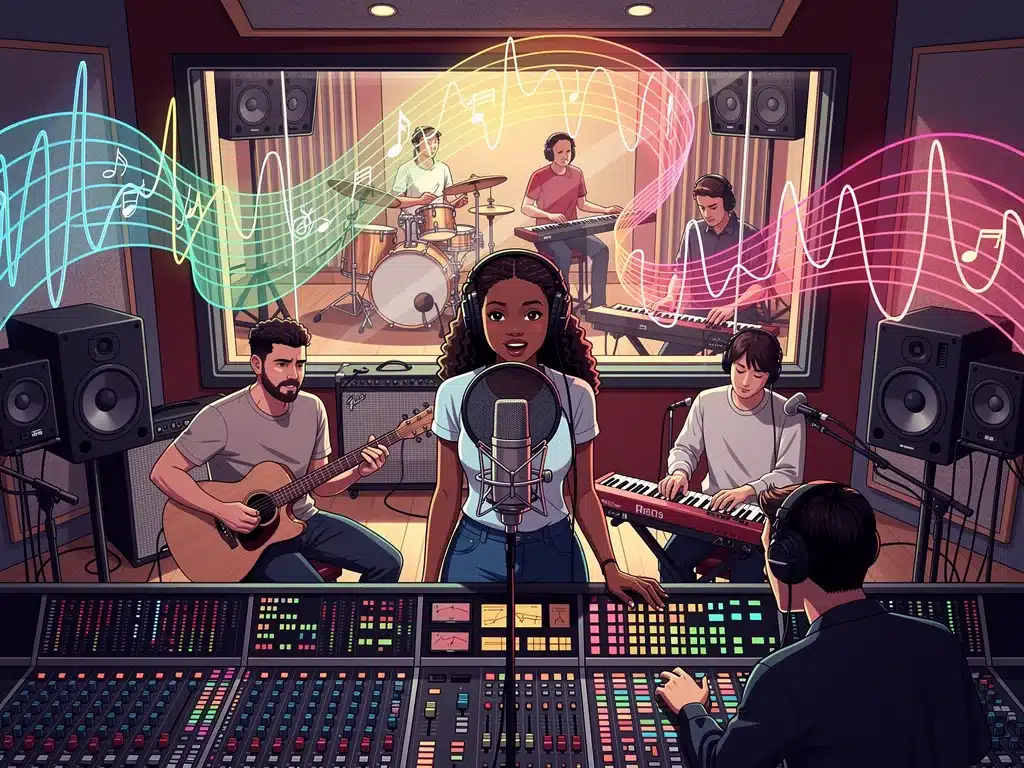 Musicians recording new album tracks in a professional studio setting