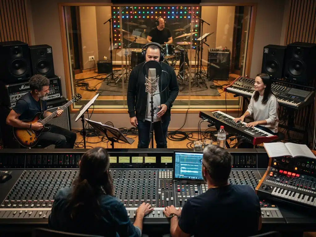 Musicians and producers collaborating in a modern recording studio.