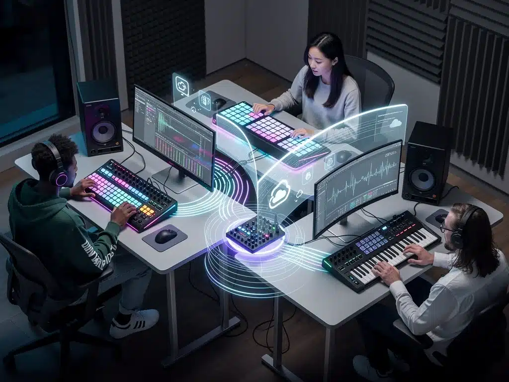 Music producers collaborating remotely with advanced MIDI controllers and cloud integration.