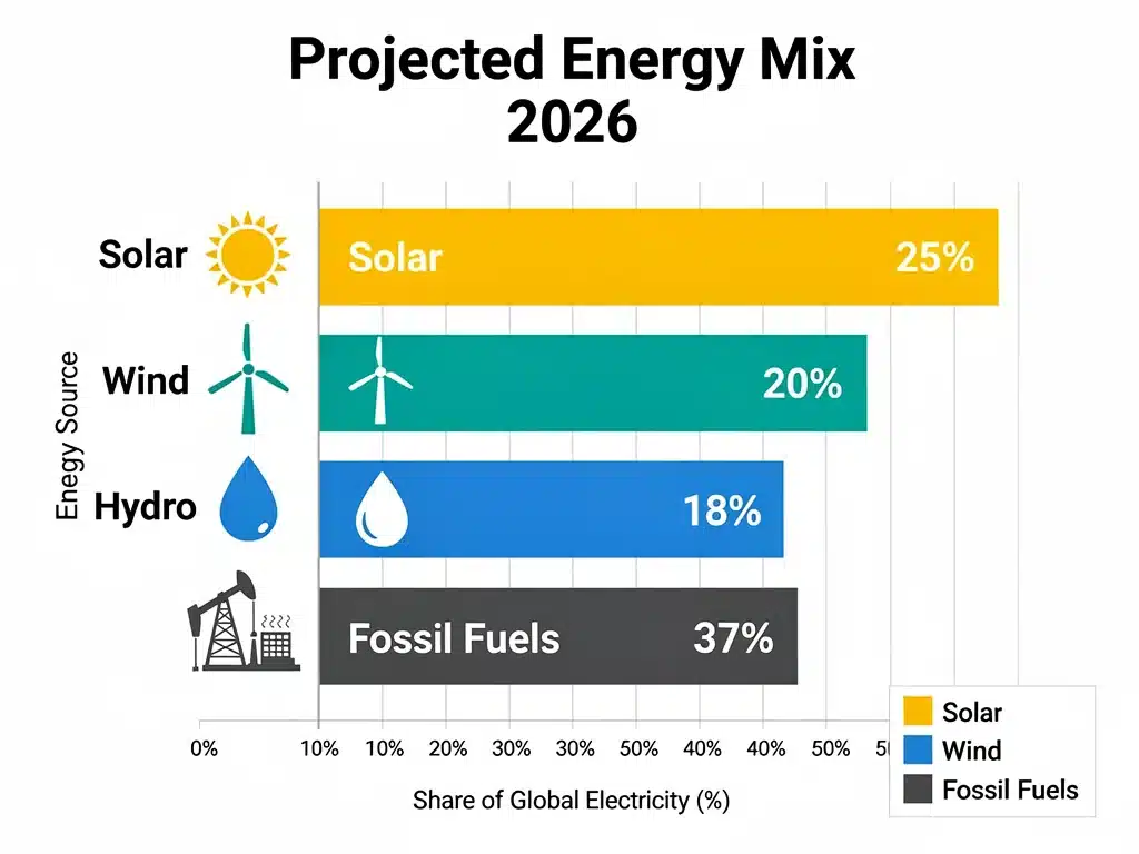 Infographic showing projected growth of renewable energy vs fossil fuels 2026