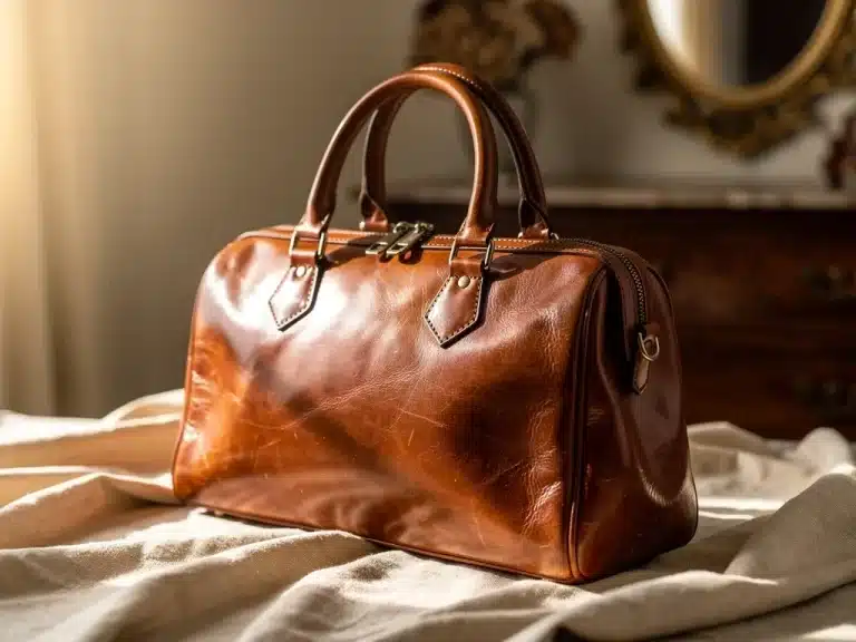 Restored vintage leather handbag with a glowing patina, showcasing its renewed beauty and increased value.