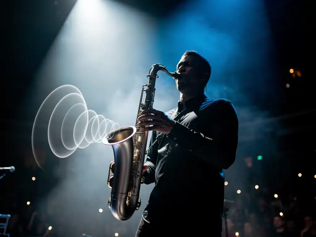 Saxophonist performing with a saxophone made of a new, lightweight metallic alloy, emphasizing enhanced sound projection.