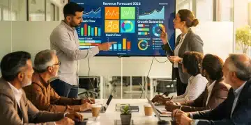 Small business owners analyzing financial data for 2026 economic health