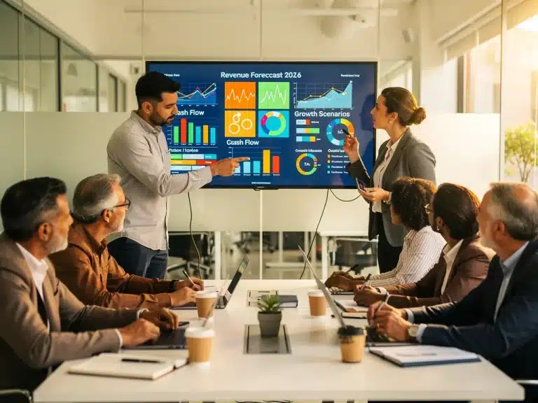 Small business owners analyzing financial data for 2026 economic health