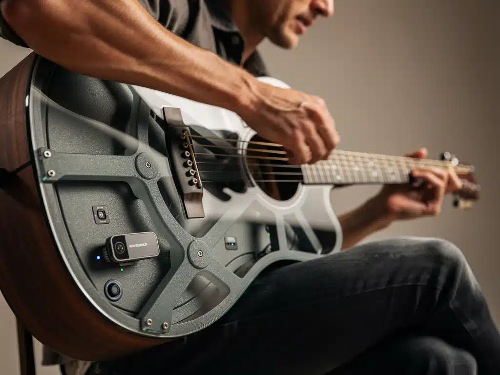 Internal view of an acoustic guitar with innovative bracing and integrated smart technology.