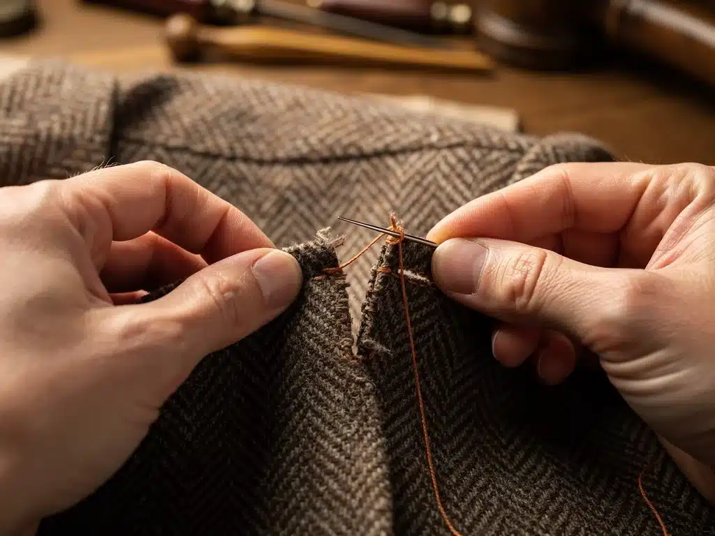 Stabilizing frayed edges of a vintage buttonhole with thread