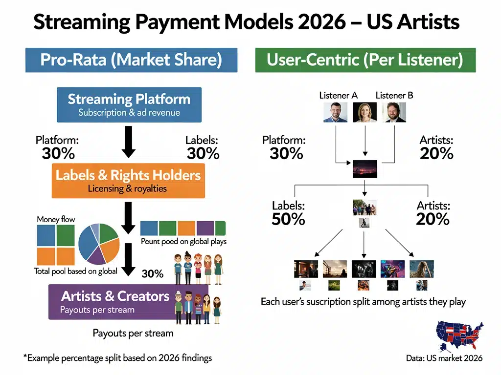 Infographic detailing streaming royalty payment models and their impact on US artists' earnings in 2026.