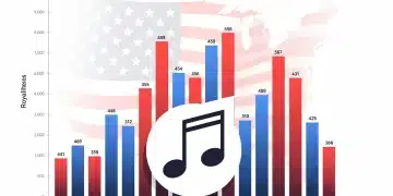 Graphic depicting streaming royalty trends for US artists in 2026, with financial charts and musical notes.
