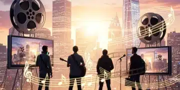 Dynamic musical notes intertwining with film and TV screens, representing sync licensing success for artists.