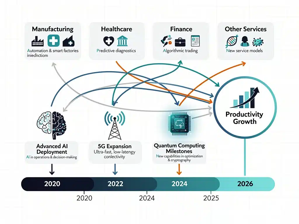 Infographic depicting key technological innovations and their economic impacts by 2026 in the US