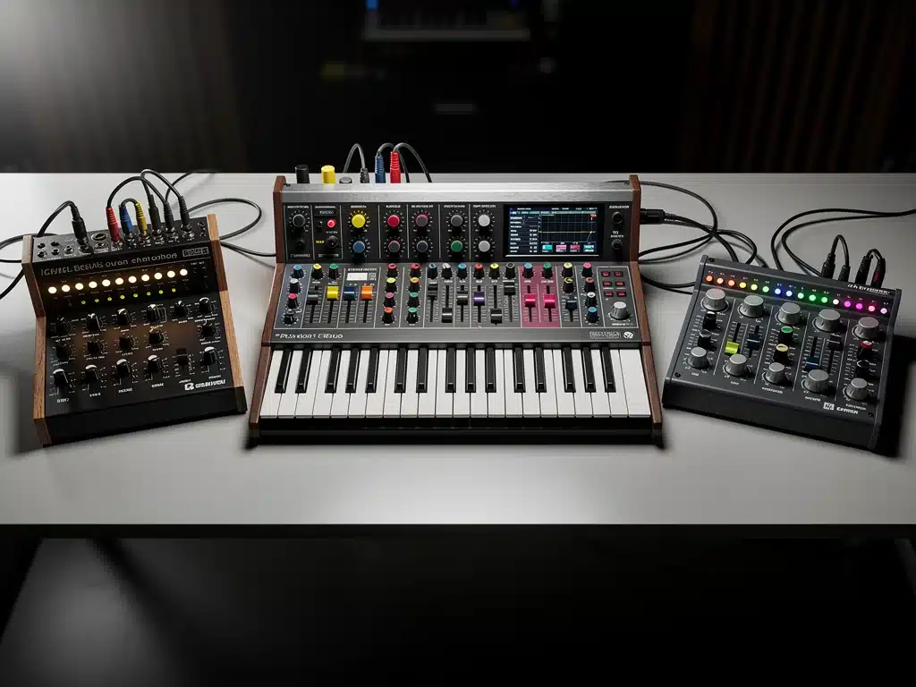 Collection of three distinct analog synthesizers