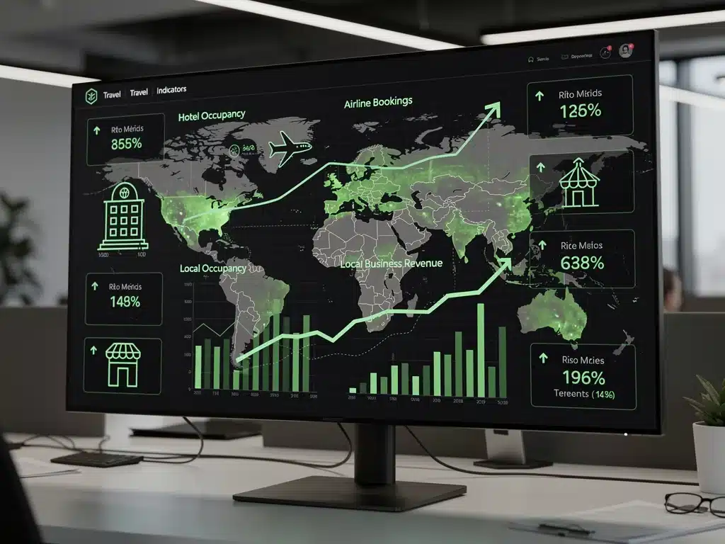 Digital dashboard showing positive travel industry economic indicators and growth