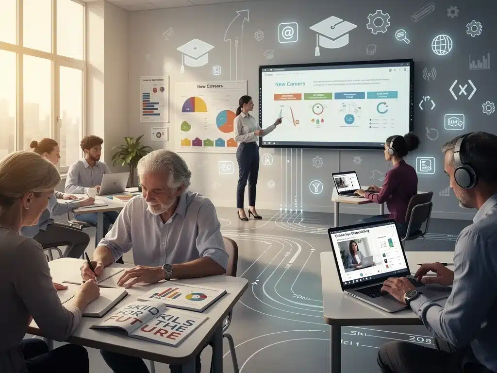 Diverse individuals engaged in upskilling and continuous learning for future workforce needs.