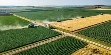 Aerial view of expansive agricultural fields in the US, depicting a robust farming landscape.
