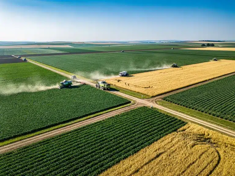 Aerial view of expansive agricultural fields in the US, depicting a robust farming landscape.