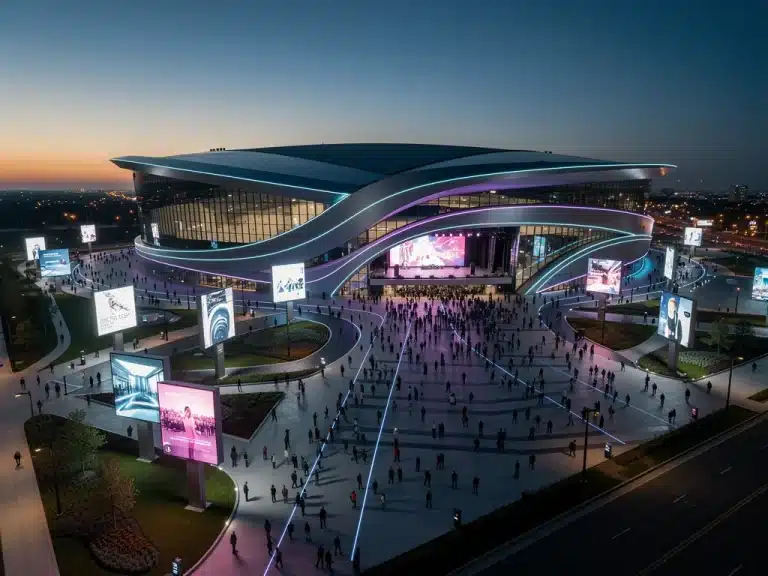 Modern US concert venue exterior with glowing lights and fan crowds