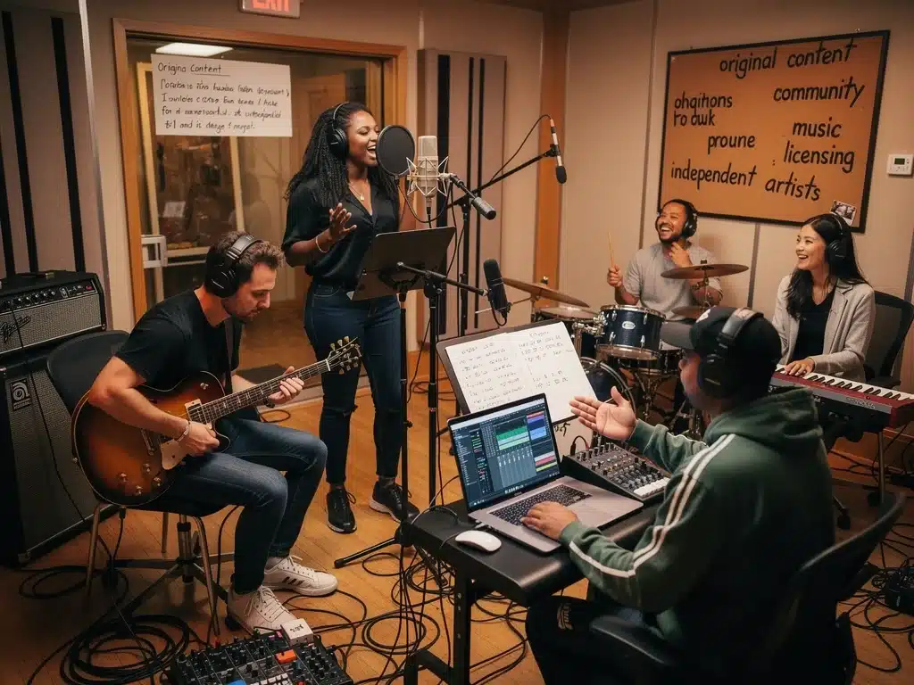Diverse US independent musicians collaborating in a modern recording studio