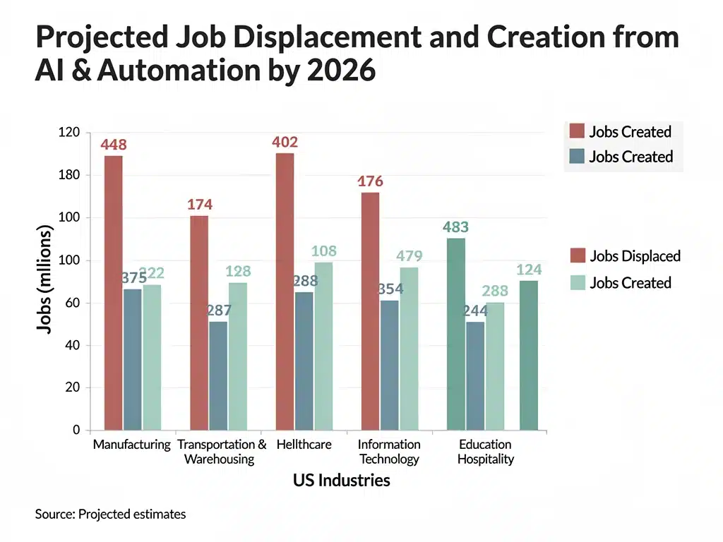 Projected US job changes due to AI and automation by 2026