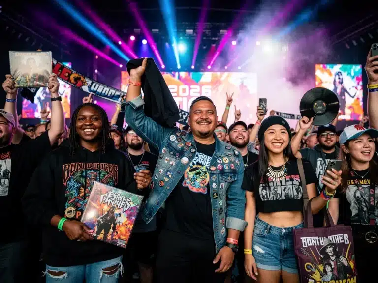 US music fans displaying modern band merchandise at a concert