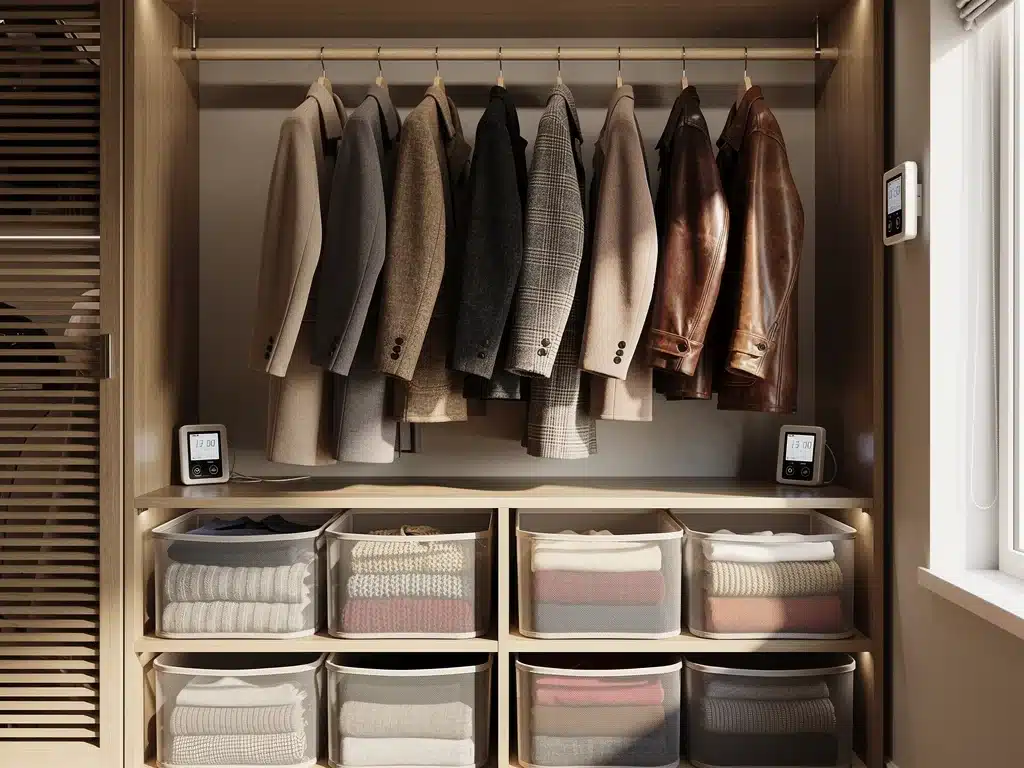 Well-ventilated closet with vintage coats on wooden hangers and knitwear in breathable containers