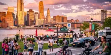 Vibrant city skyline at sunset with diverse people, representing US tourism recovery