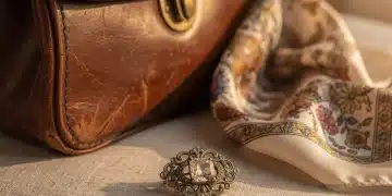 Collection of vintage accessories including a leather handbag, silk scarf, and brooch