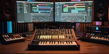 Vintage analog synthesizer glowing in a modern music studio setup