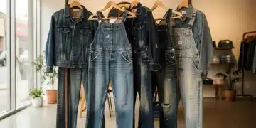 Collection of vintage denim garments, showcasing various styles and washes