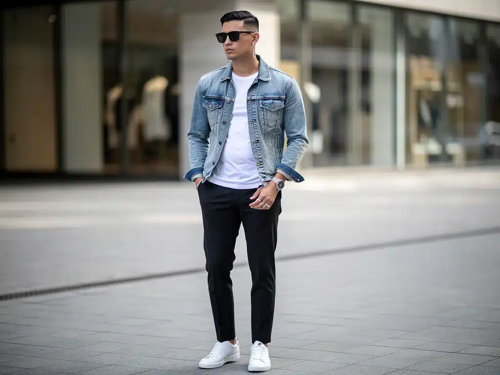Person wearing a vintage denim jacket with modern styling
