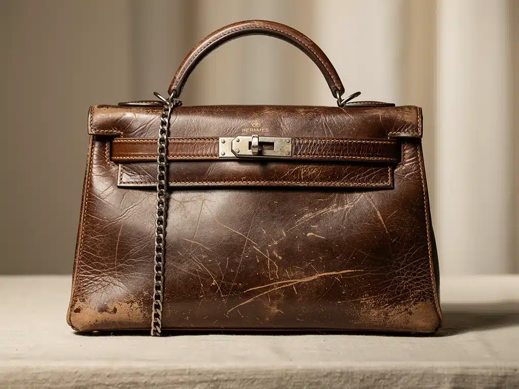 Close-up of a vintage designer handbag with classic hardware
