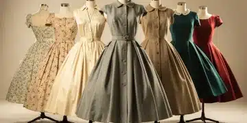 Collection of 1950s and 1960s vintage dresses on mannequins, showcasing fabric and construction differences.