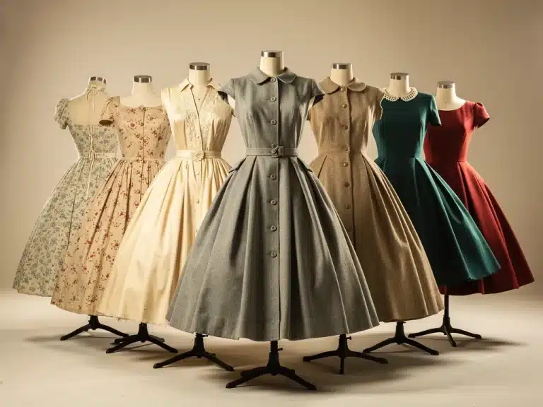 Collection of 1950s and 1960s vintage dresses on mannequins, showcasing fabric and construction differences.