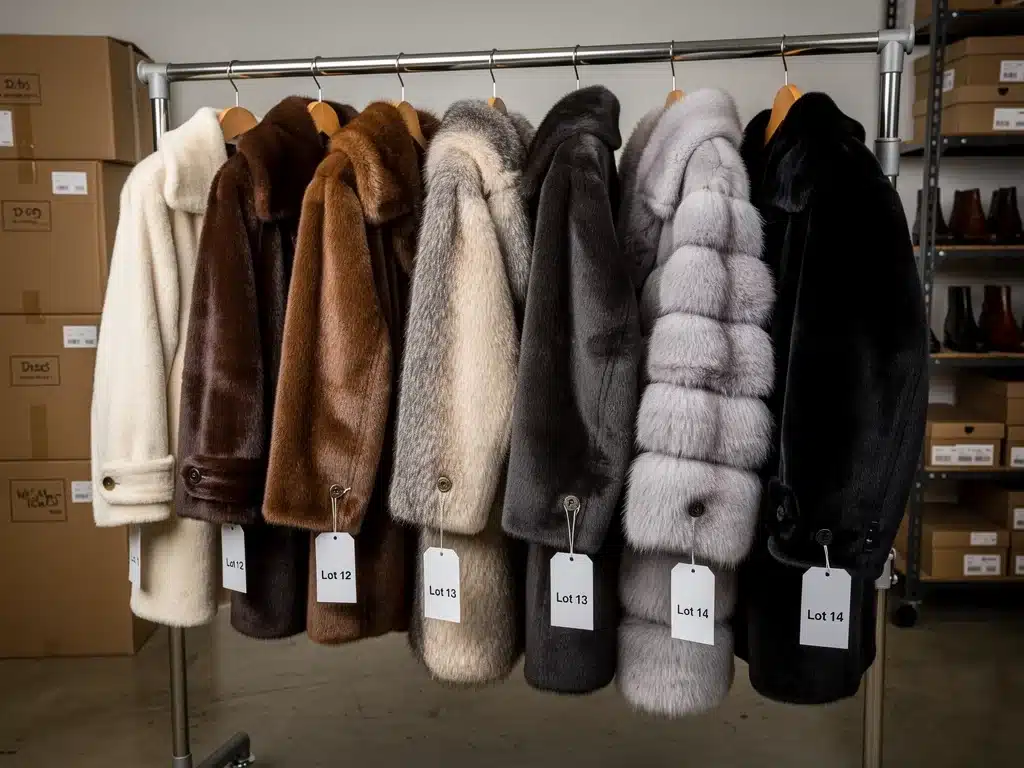 Assortment of vintage fur coats on a rack for appraisal