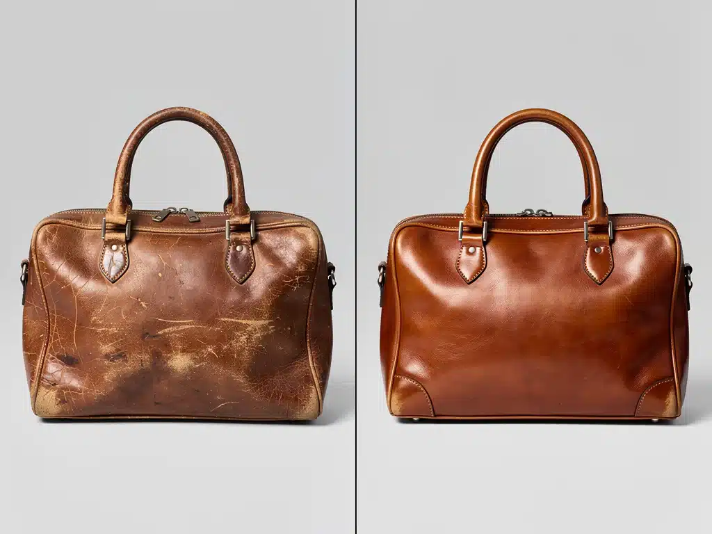 Before and after comparison of a vintage leather handbag restoration, highlighting the dramatic improvement in condition.