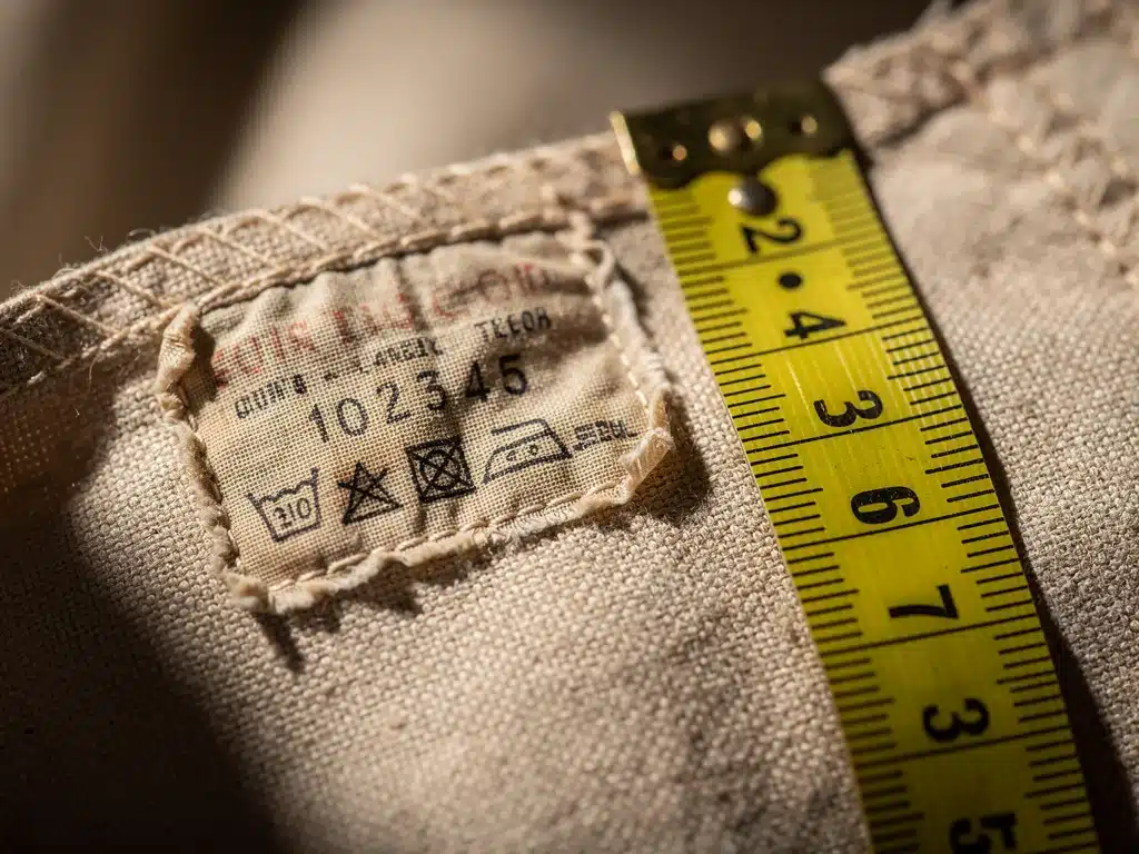 Vintage clothing label with measurements and tape measure