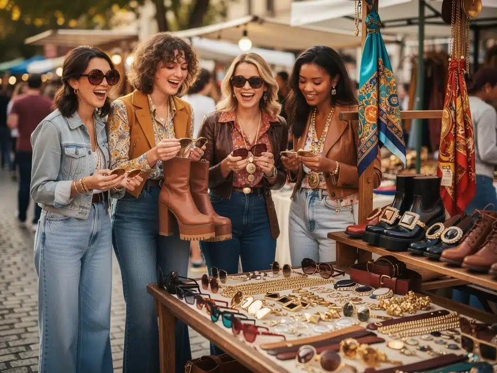 Shoppers at a vintage market exploring 1970s accessories like sunglasses and platform shoes.
