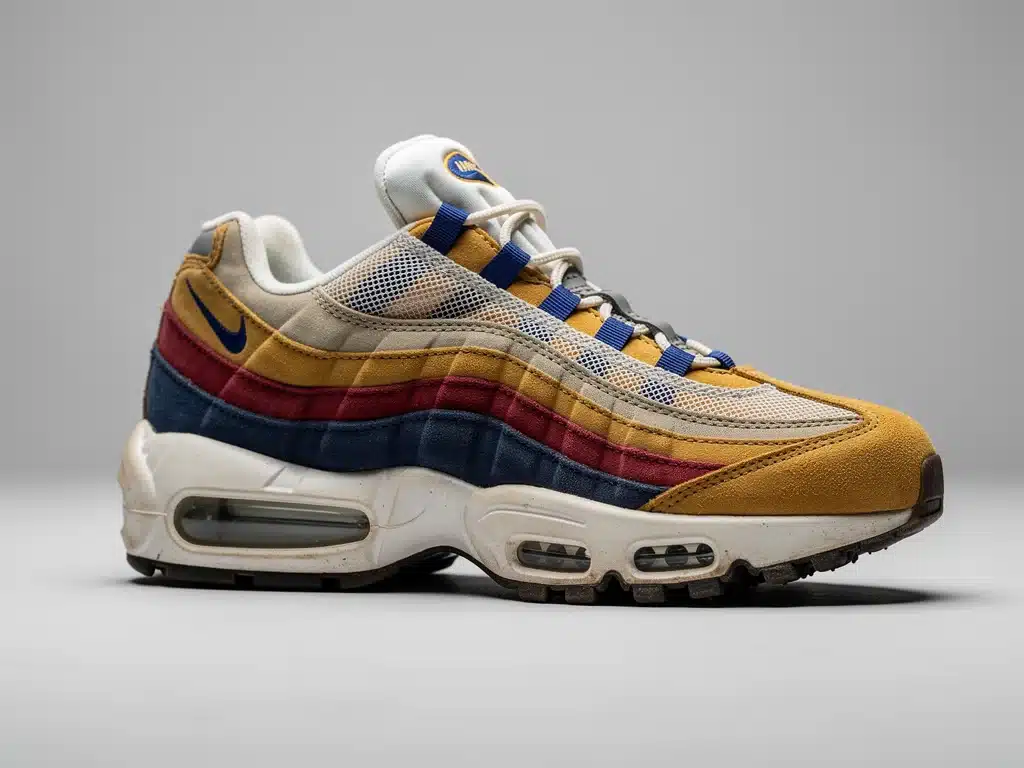 Close-up of a vintage Nike Air Max 95 sneaker, showcasing its design.