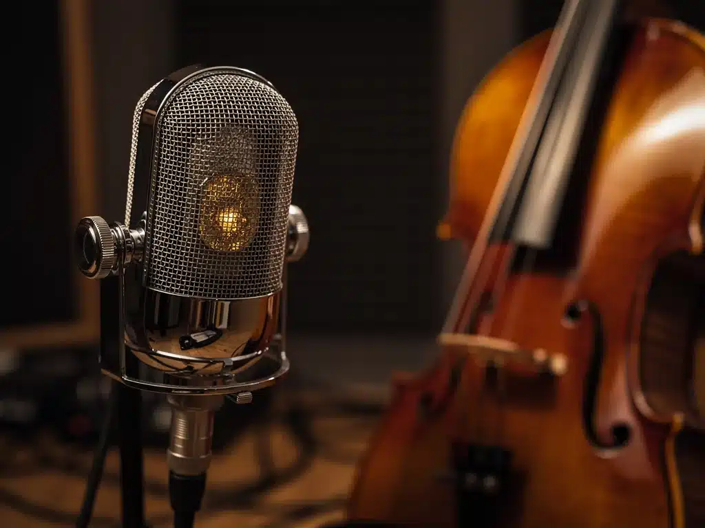Vintage ribbon microphone recording a violin in a studio