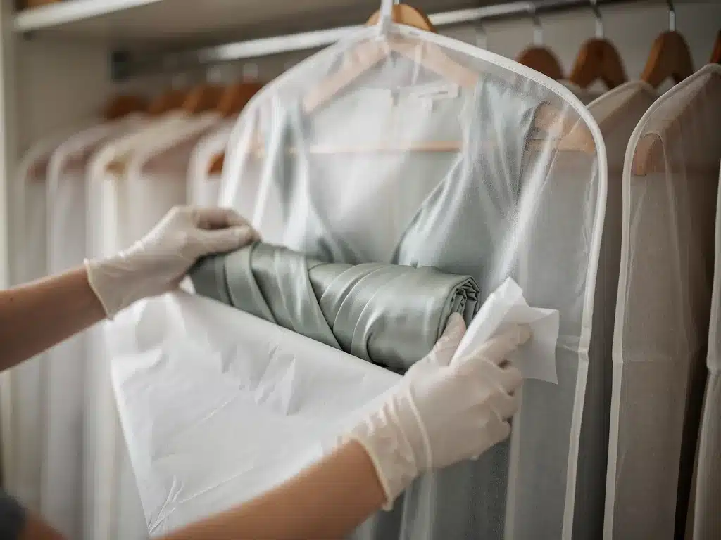 Vintage silk dress being carefully stored in acid-free tissue and garment bag
