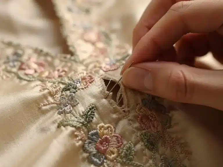 Expert hands mending a delicate vintage silk blouse to reduce repair costs