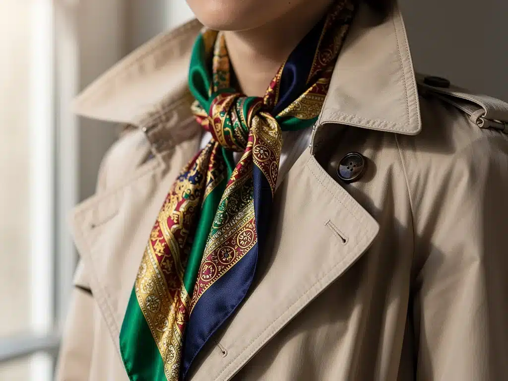 Person wearing a vibrant vintage silk scarf with a trench coat
