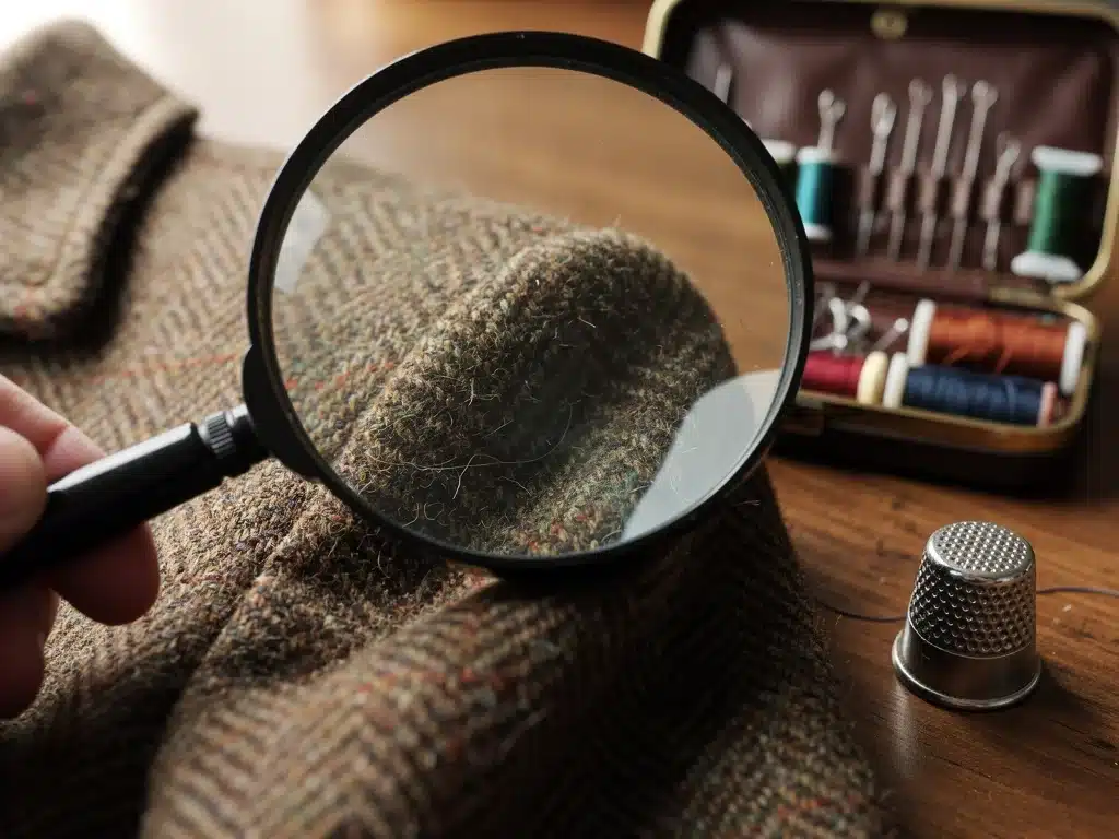 Magnifying glass inspecting vintage tweed fabric for repair assessment