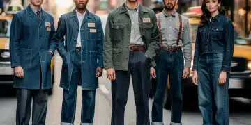 Stylish individuals wearing authentic 1940s vintage workwear in a modern urban environment, showcasing durability and timeless appeal.