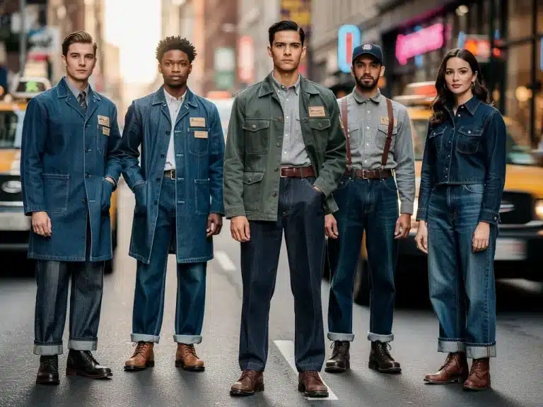 Stylish individuals wearing authentic 1940s vintage workwear in a modern urban environment, showcasing durability and timeless appeal.